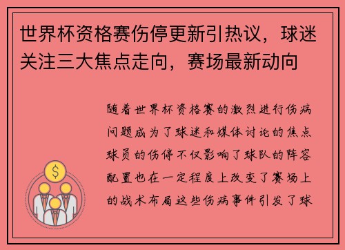 世界杯资格赛伤停更新引热议，球迷关注三大焦点走向，赛场最新动向