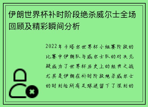 伊朗世界杯补时阶段绝杀威尔士全场回顾及精彩瞬间分析